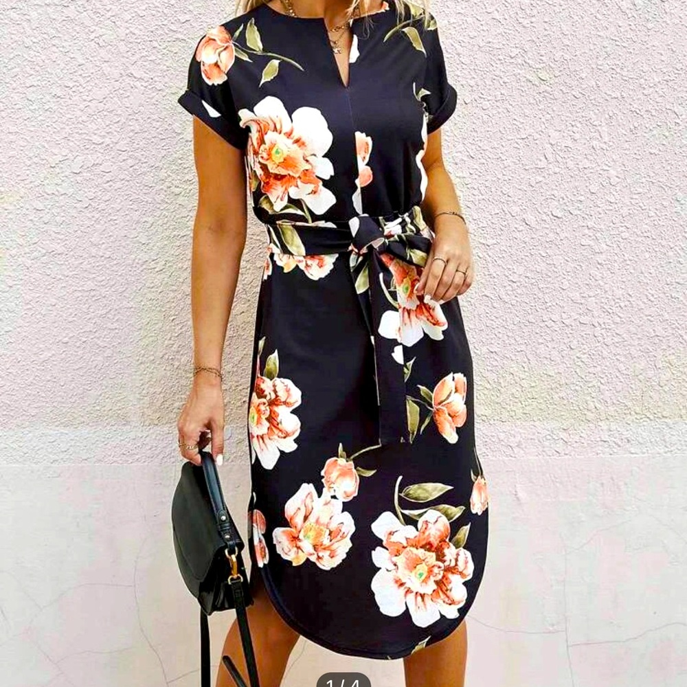 Notched neck black floral print dress with belt